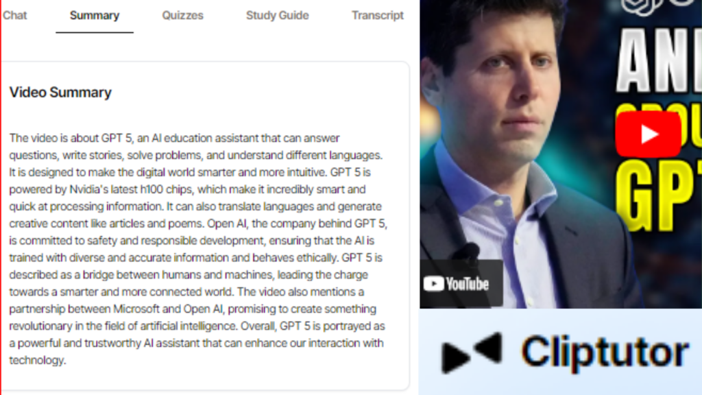 Cliptutor website screen short. Summary of a youtube video using Cliptutor.