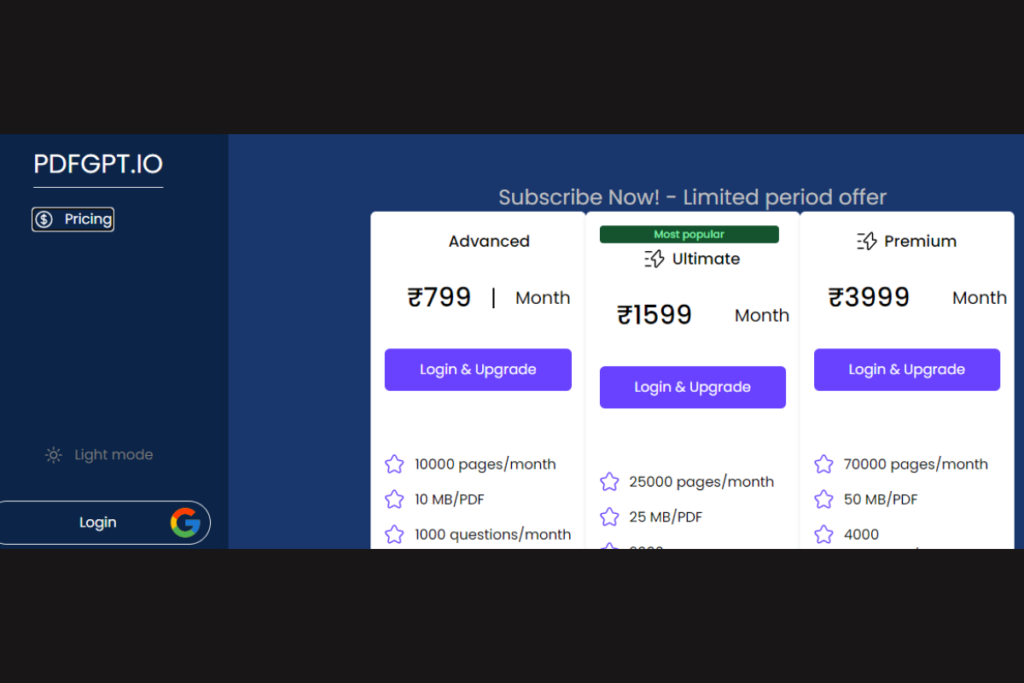 pdfgpt.io pricing chart.