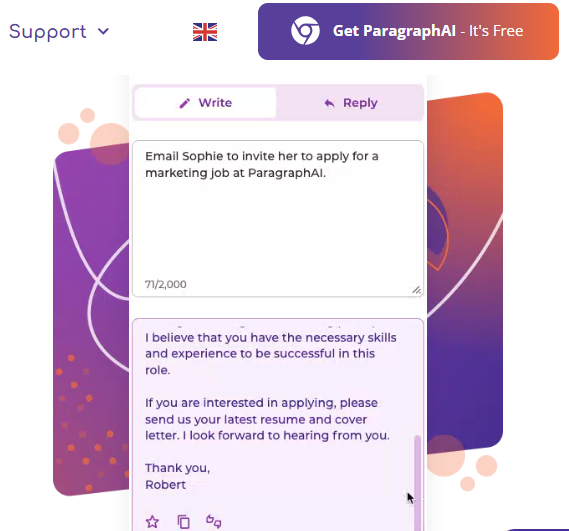 Free AI writing generator ParagraphAI website screen short.