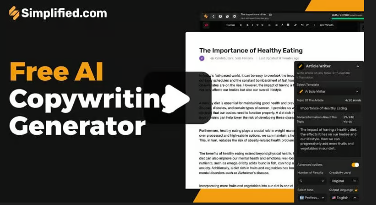 Free AI copywriting generator Simplified.com website screen short.