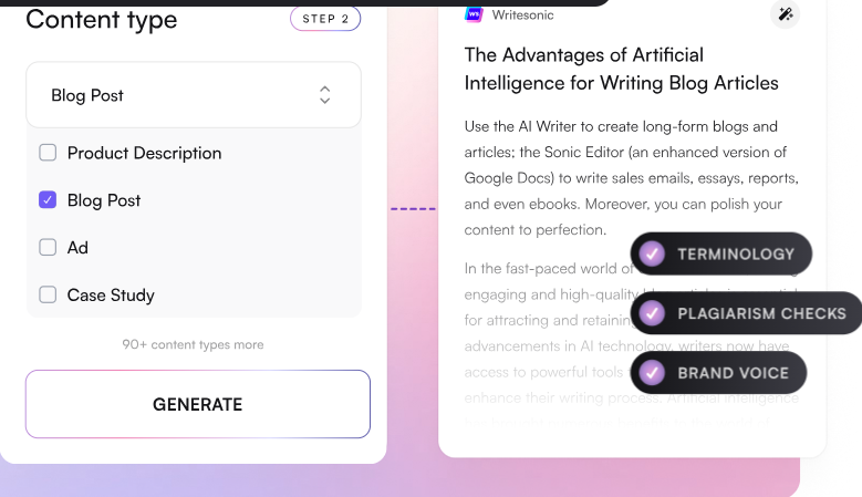 Free AI Text Generator for writing blog article: writesonic website screen short.