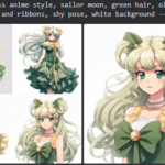 midjourney prompt of this image: disney princess anime satyle, sailor moon, green hair, olive-green dress with flounces and ribbons, shy pose, white background --style raw