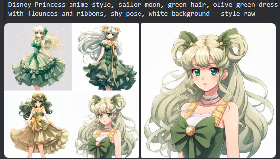 midjourney prompt of this image: disney princess anime satyle, sailor moon, green hair, olive-green dress with flounces and ribbons, shy pose, white background --style raw