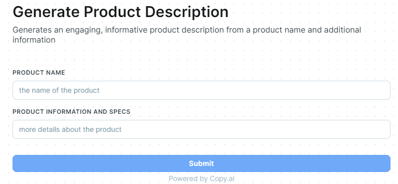 This is screen short of the website copy.ai.
Generate product Description: provide product name and product information.