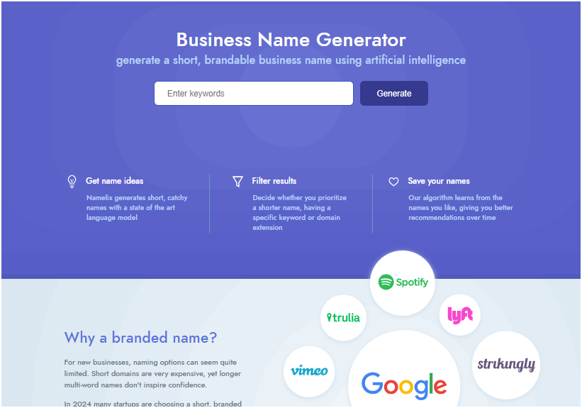 AI Business Name Generator Namelix website user interface.