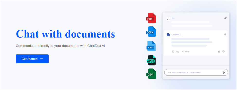 Chat with documents(PDF, DOCX, TXT, ePUB, CSV): Communicate directly to your documents with ChatDox AI. (photo: screenshot)