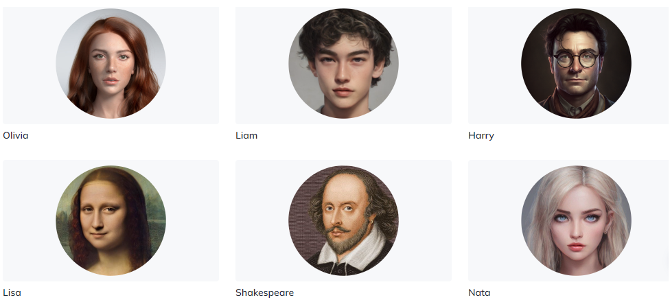 Screenshot of HeyGen's Video Avatar Library: Olivia, Liam, Harry, Lisa, Shakespeare and Nata.