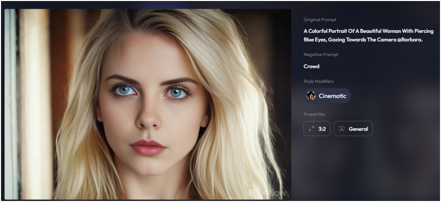 This image is created with artflow.ai. Original prompt: A Colorful Portrait Of A Beautiful Woman With Piercing Blue Eyes, Gazing Towards The Camera @Barbara. Negative prompt: crowd Style: modifier: cinematic Properties: 3:2 general.