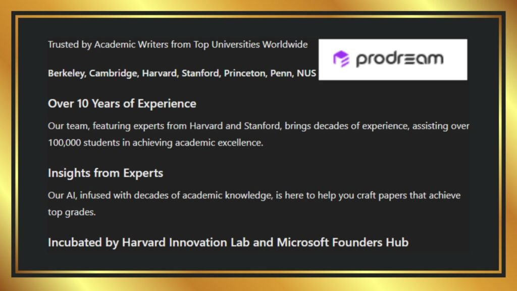 ProDream is essential for Academic Writers Because It is 1. Trusted by Academic Writers from Top Universities Worldwide: Berkeley, Cambridge, Harvard, Stanford, Princeton, Penn, NUS 2. Over 10 Years of Experience: The team, featuring experts from Harvard and Stanford, brings decades of experience, assisting over 100,000 students in achieving academic excellence. 3. Insights from Experts: AI, infused with decades of academic knowledge, is here to help you craft papers that achieve top grades. 4. Incubated by Harvard Innovation Lab and Microsoft Founders Hub. (Photo: Screenshot)