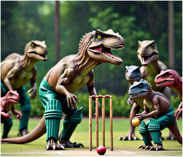 Dinosaurs playing cricket, as imagined by Meta AI on the third attempt.